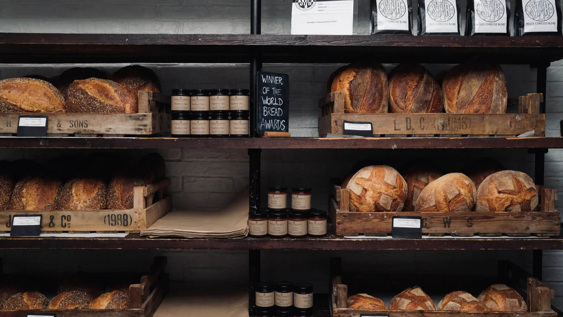 rustic shelves displaying sourdough bread from Stir Bakery Cambridge